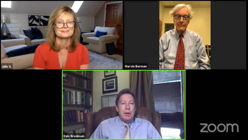 Dr. Marvin Berman, Dr. Dale Bredesen, and Julie G. discussing brain stimulation therapy and its mechanisms in a live session.